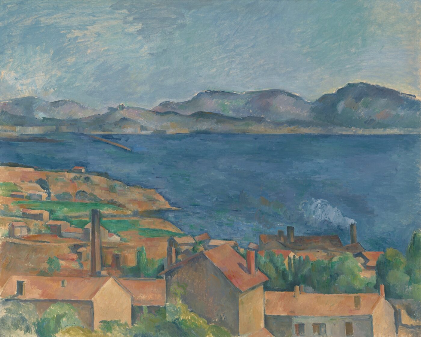 Painting of terracotta rooftops and a factory chimney above a deep blue bay with hills beyond