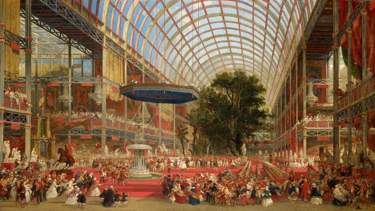 Painting of the opening ceremony inside the Crystal Palace, with its glass vaulted roof, galleries and crowds