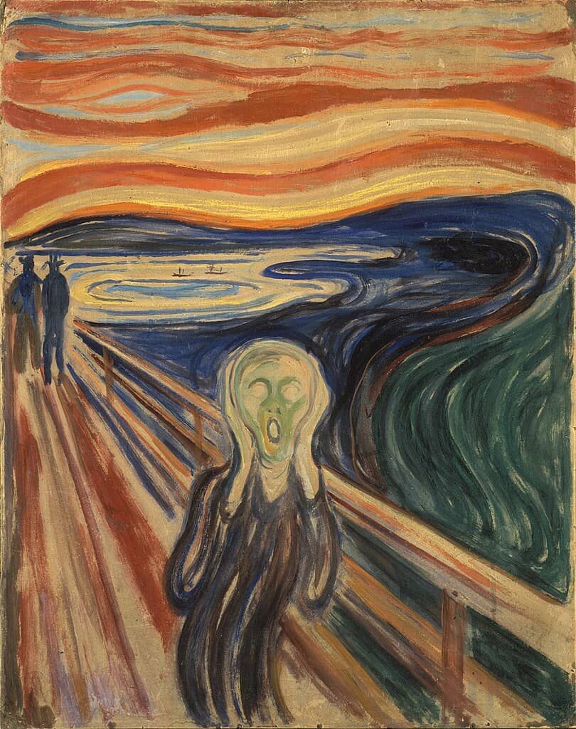 Painting of a figure on a bridge clutching its face beneath a swirling orange sky
